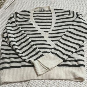 Madewell Cream and Black Striped V-Neck Sweater